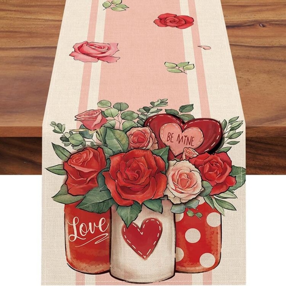 NWT- Cream & Pink w/ 🌹- Floral- Love ❤️ Mason Jars Trio Table Runner 71x12